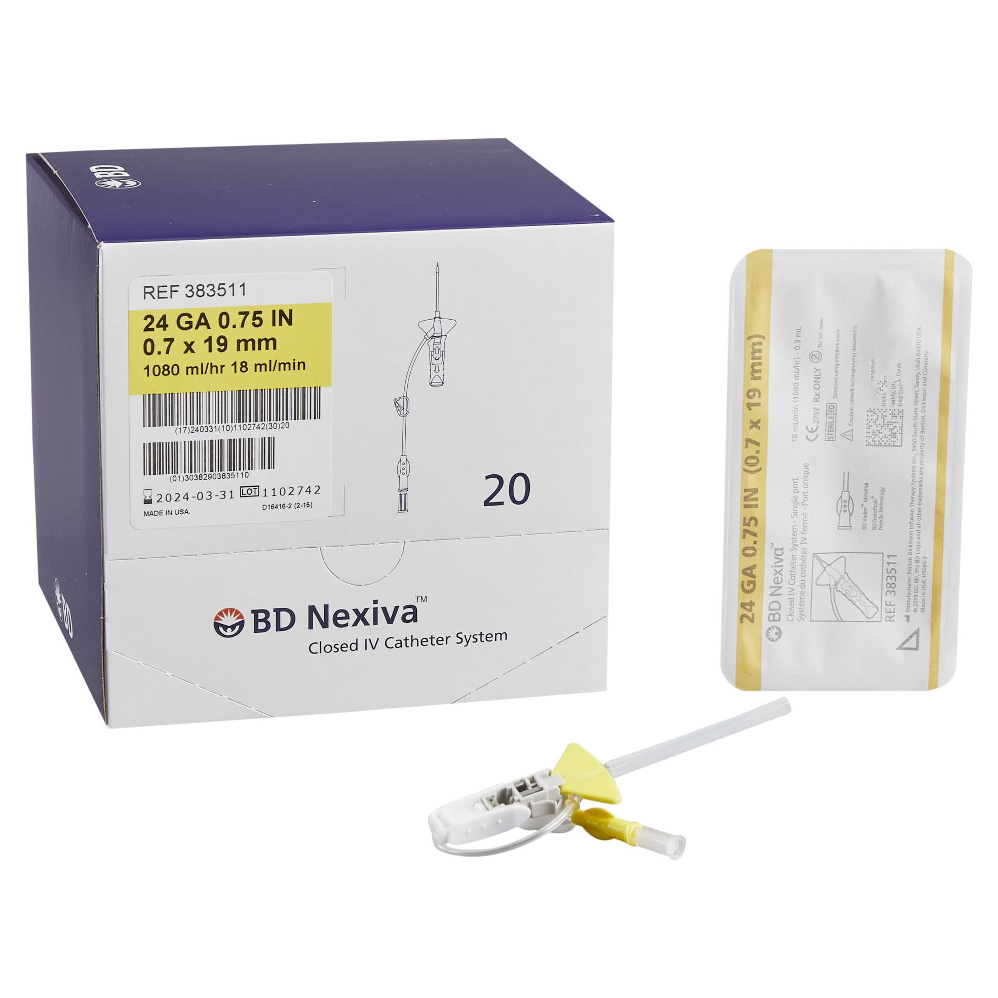BD Nexiva Sliding Closed IV Catheter, Yellow, 24 Gauge, 0.75 Inch - Box of 20 - Image 1