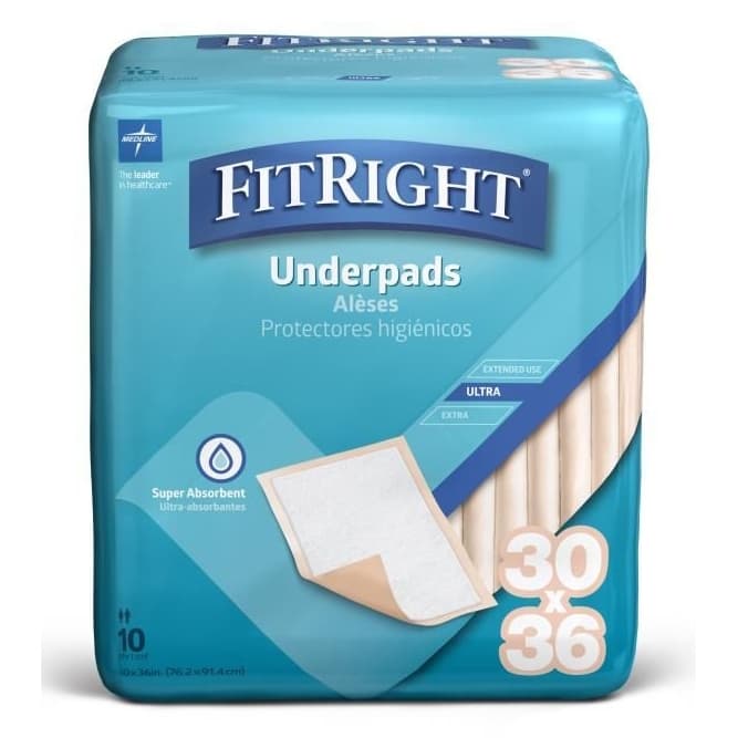 FitRight Ultra Disposable Underpads, 30 x 36 Inch - Bag of 10 - Image 1
