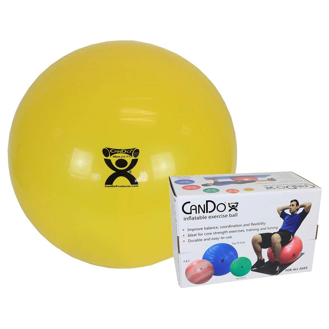 CanDo Inflatable Exercise Ball, 18 Inch, Yellow, Retail Box - Image 1