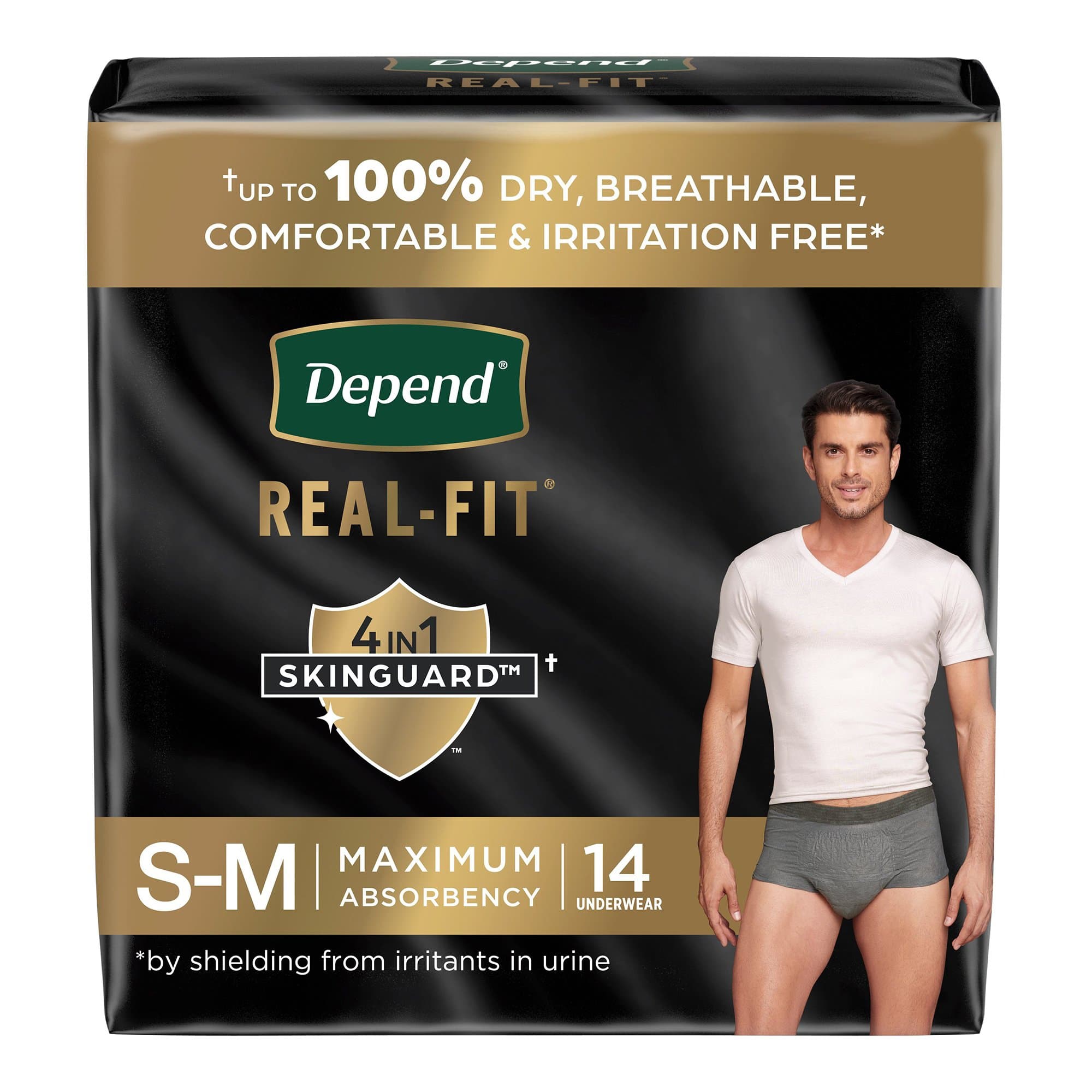 Depend Real Fit 4-in-1 Skinguard Underwears for Men, Small-Medium - Case of 28 - Image 1