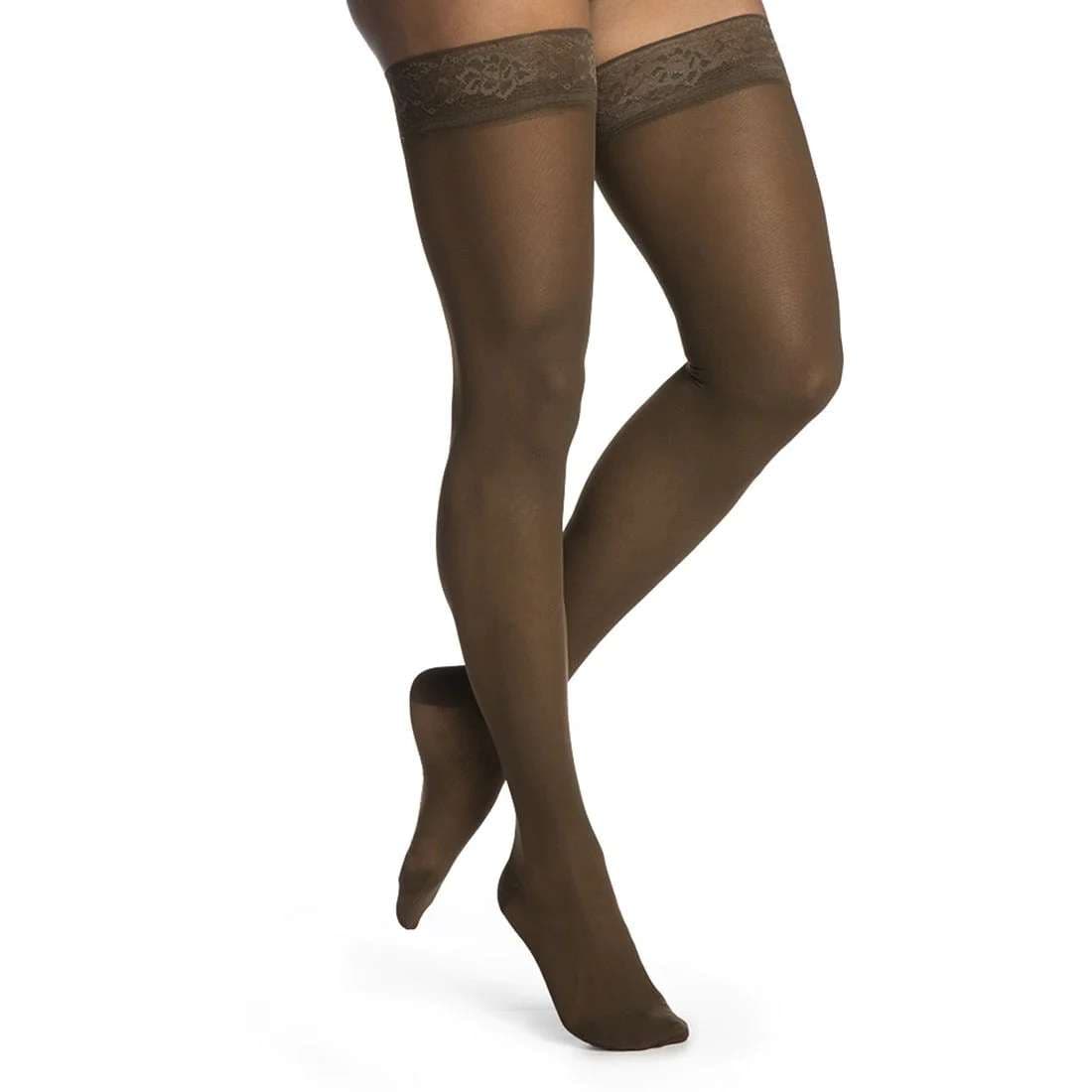 Sigvaris Style Sheer Thigh High with Grip-Top Compression Stocking 20-30 mmHg, Closed Toe, Small-Long, Mocha - Pair - Image 1