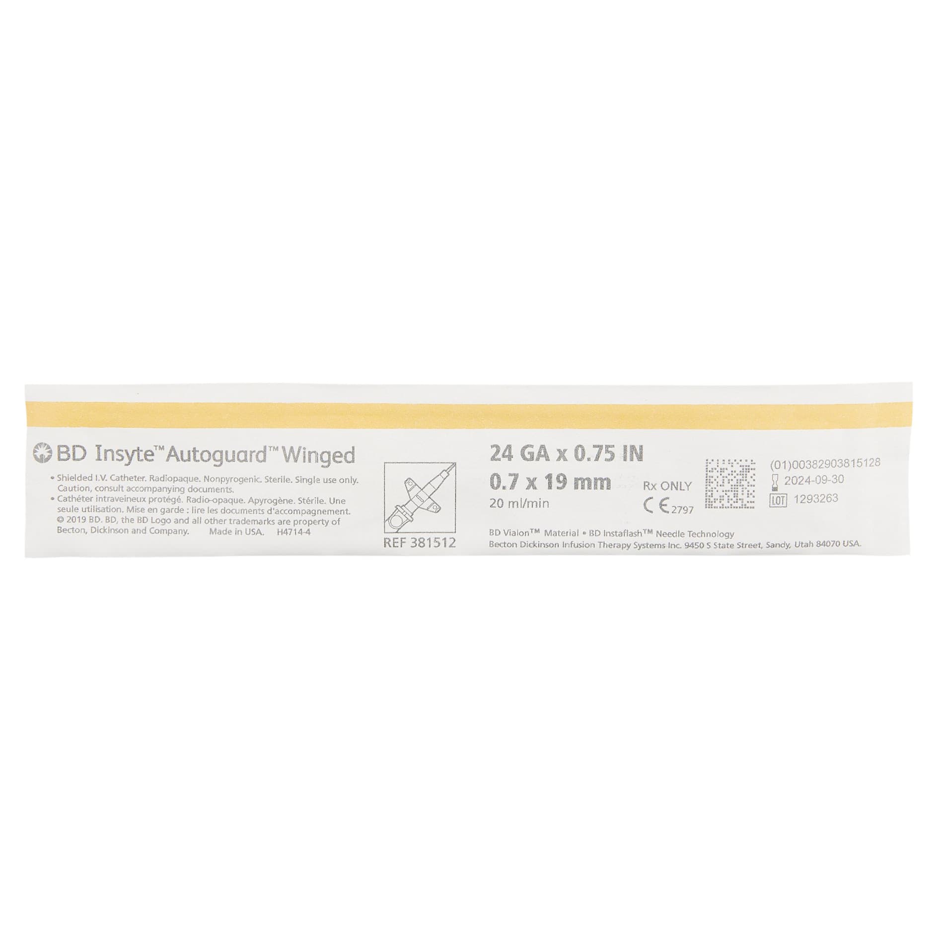 BD Insyte Autoguard Winged Shielded IV Catheters, Yellow, 24 Gauge, 0.75 Inch - Each - Image 1
