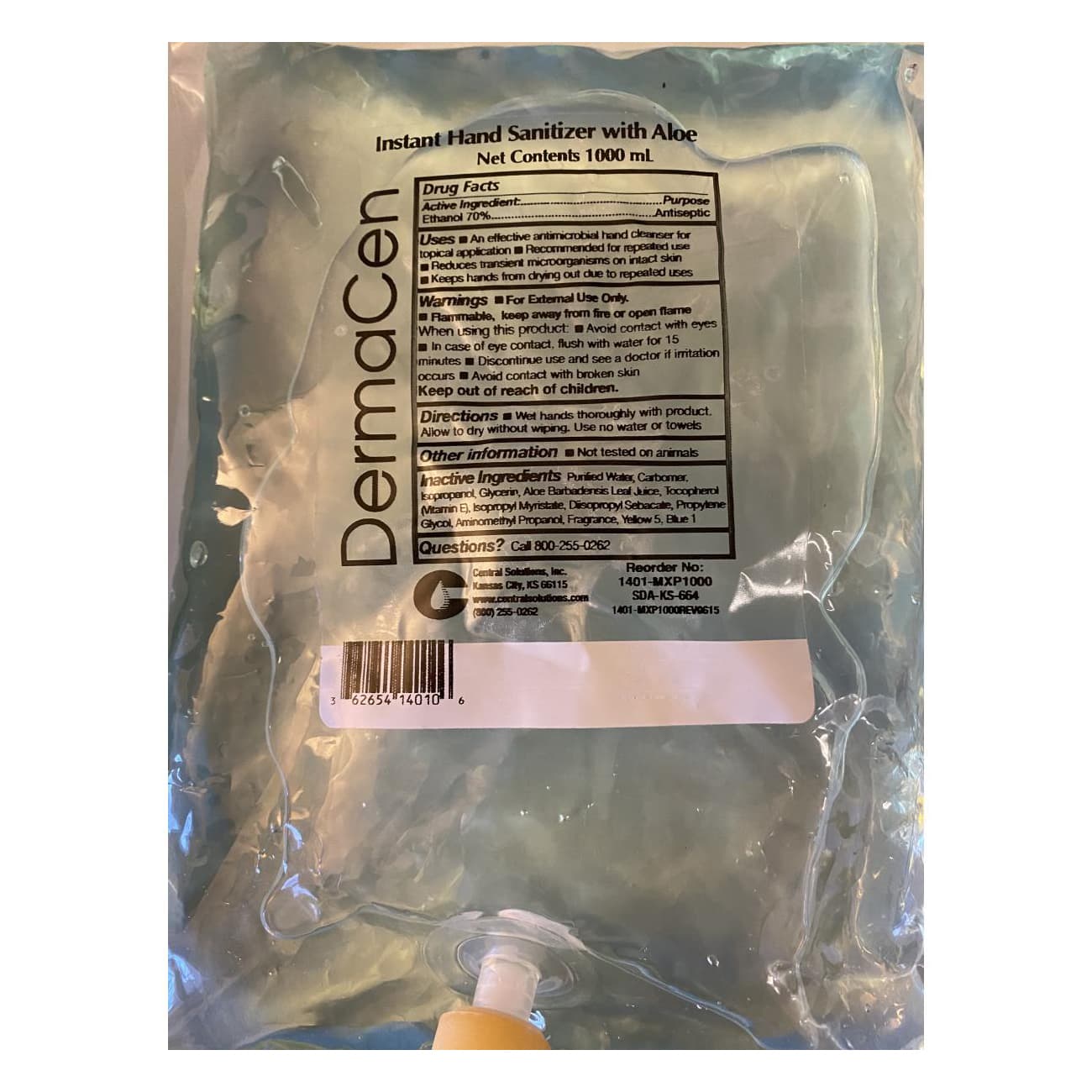 DermaCen Instant Hand Sanitizer with Aloe, Gel Dispenser Refill Bag, 1000 mL - Case of 10