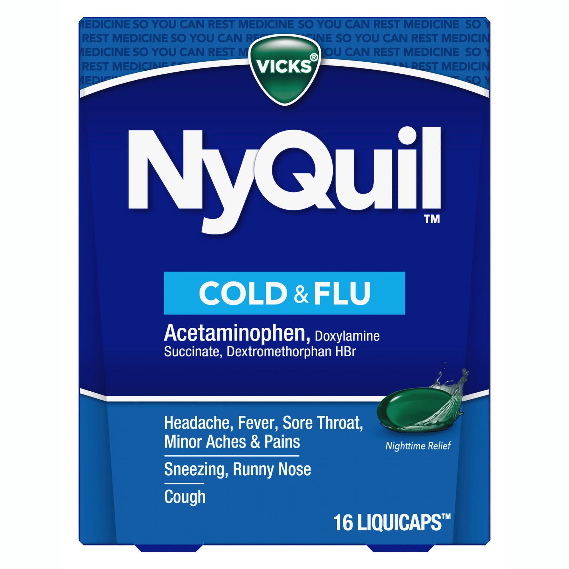 Vicks Nyquil Cold & Flu Nighttime Relief, Orignal, 16 oz - Carton of 16 - Image 1