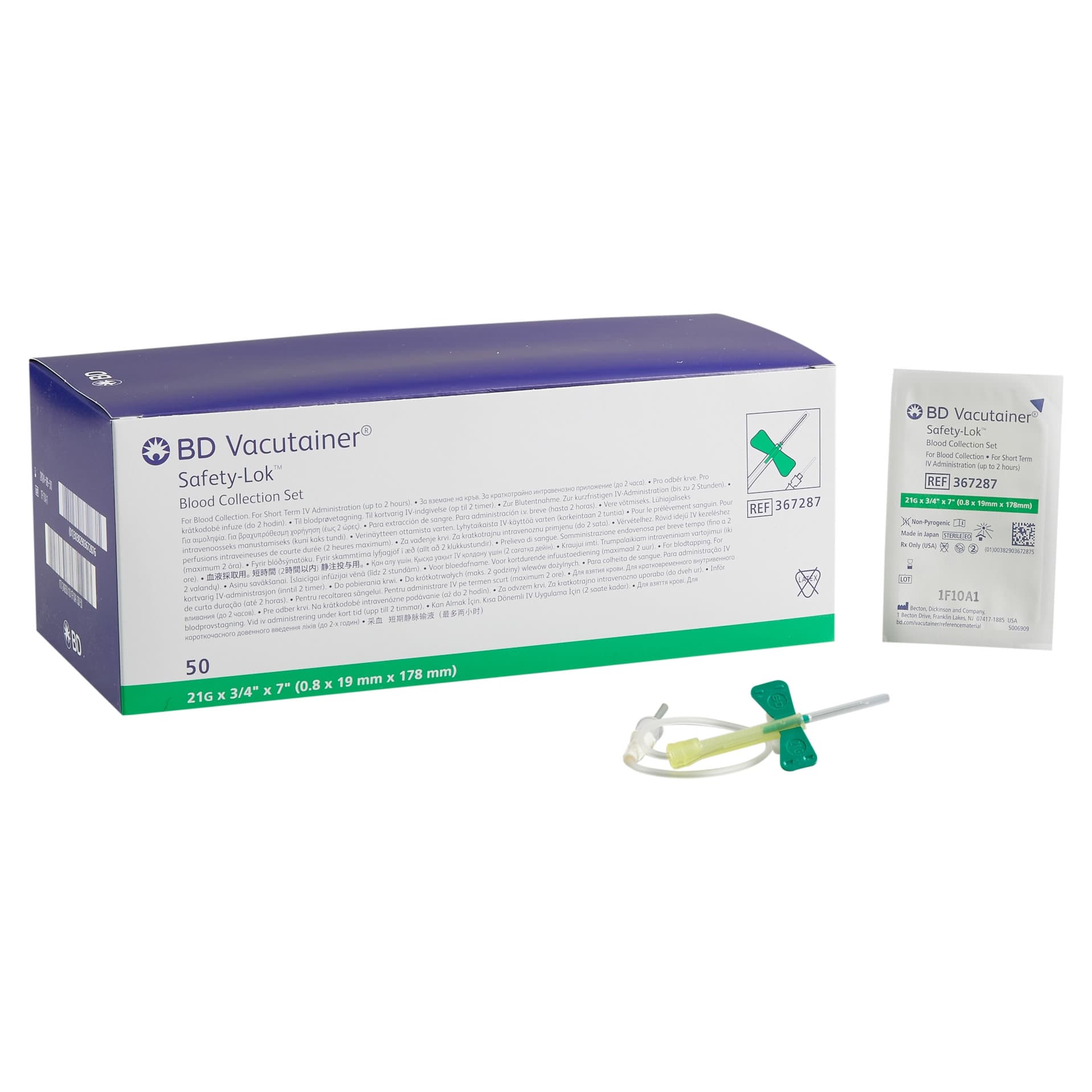 BD Vacutainer Safety-Lok Blood Collection Set, 7 Inch, 21 Gauge, Green - Box of 50 - Image 1