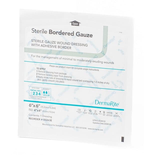 DermaRite Sterile Bordered Gauze Dressing with Adhesive Border, 6 x 6 Inch - Each - Image 1