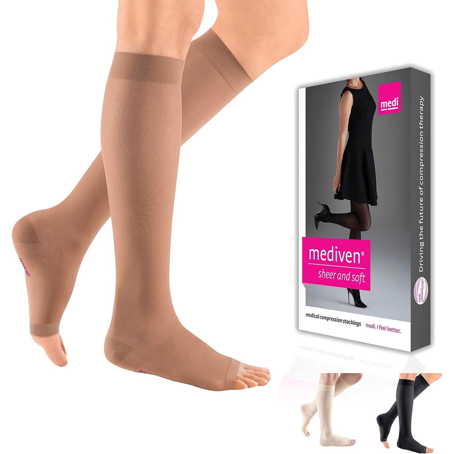 Mediven Sheer & Soft Standard Calf High Compression Stockings, 15-20mmHg, Open Toe, Size III, Natural - Pair - Image 1