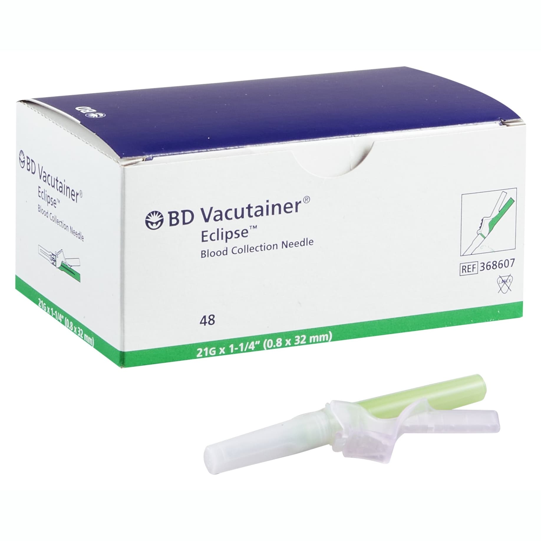 BD Vacutainer Eclipse Blood Collection Needle, 21 Gauge, Green - Box of 48 - Image 1