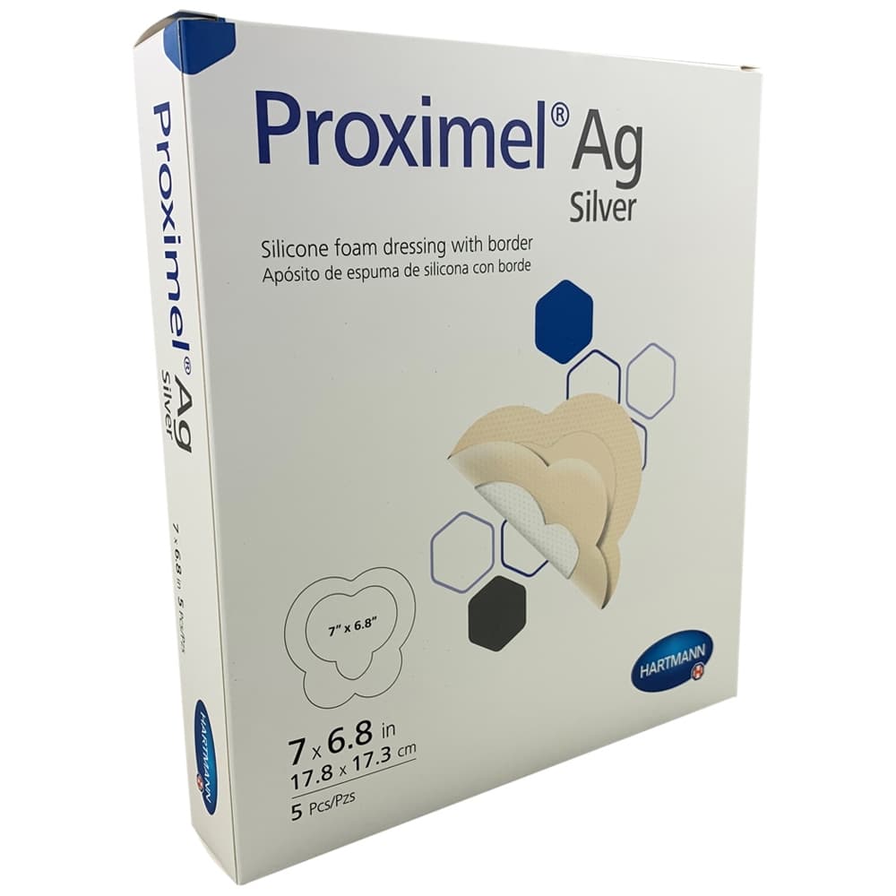Proximel Ag Silicone Bordered Foam Dressing, Sterile, Small Sacrum - Box of 5 - Image 1