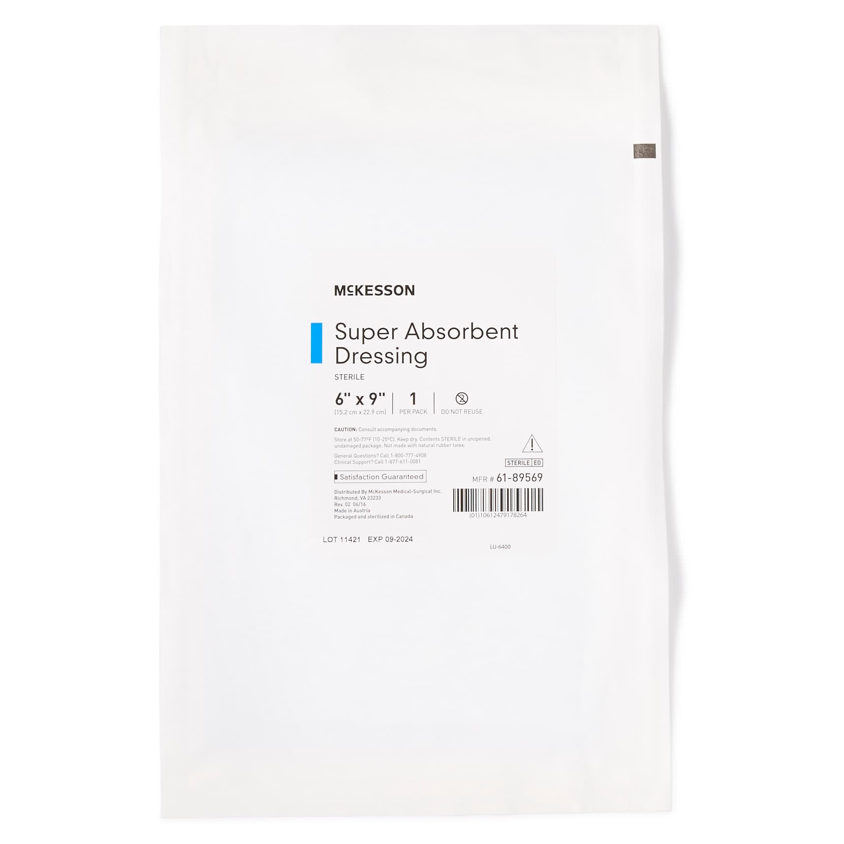 McKesson Super Absorbent Dressing Polypropylene Backing Blue White Rectangle Sterile, 6 X 9 Inch - Each - Image 1
