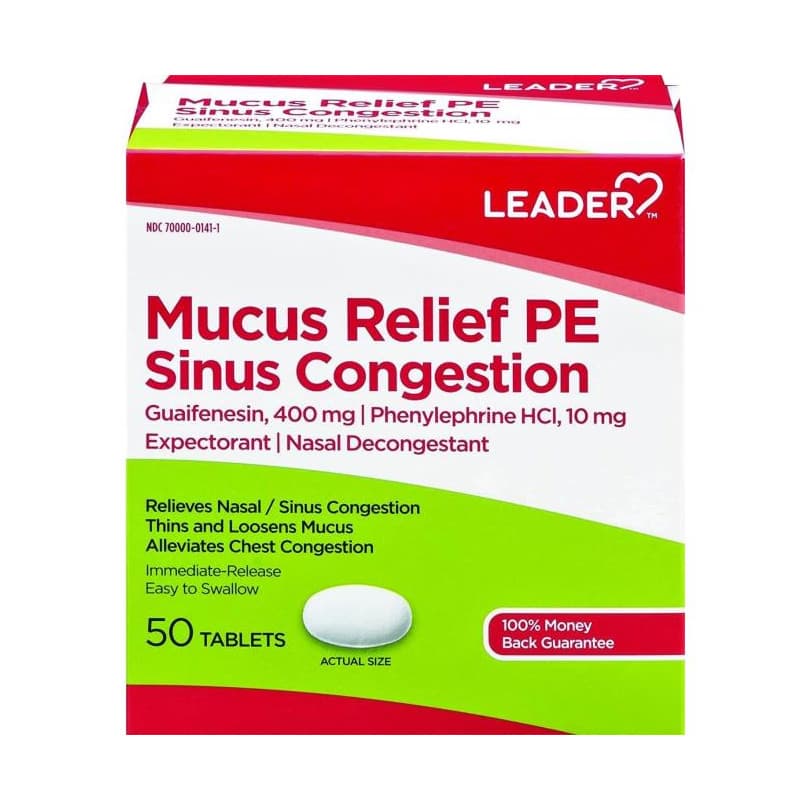 Leader Mucus Relief PE Sinus Congestion Tablets, 50 Count - Each