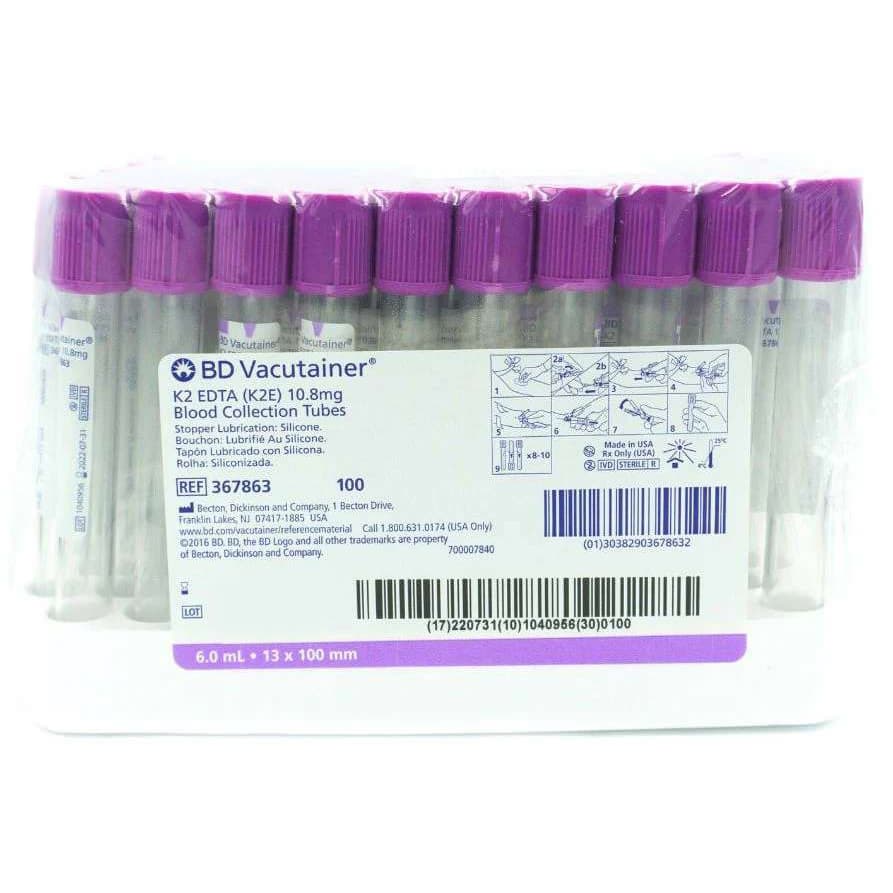 BD Vacutainer K2 EDTA Blood Collection Tube, Lavender, 6 mL - Box of 100 - Image 1
