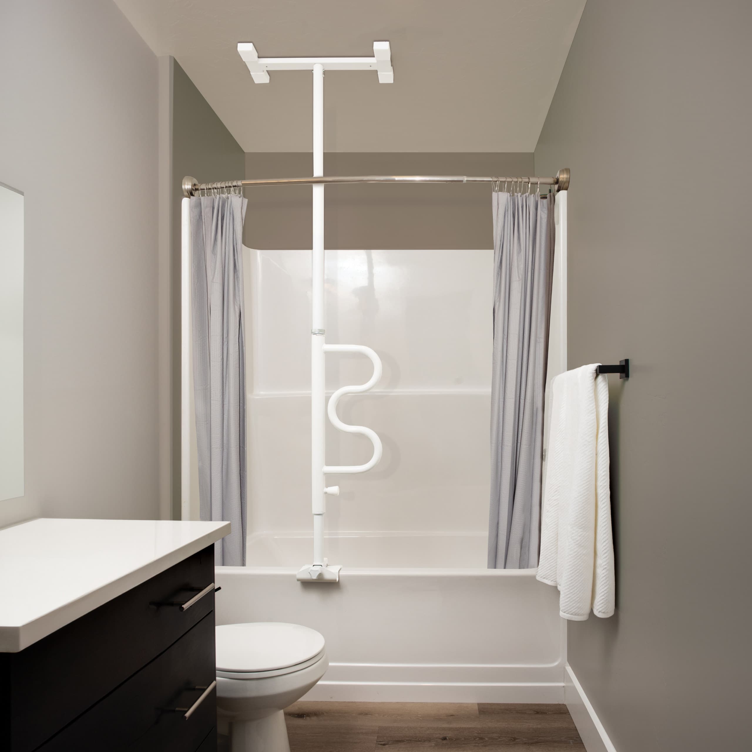 STANDER Bathtub Security Pole & Curve Grab Bar, White - Each