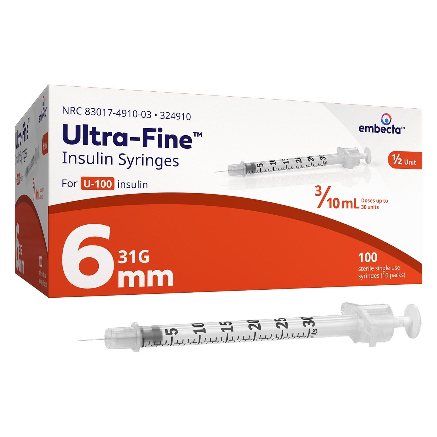 Embecta Ultra-Fine Insulin Syringes, Short Bevel, 31 Gauge, 6 mm, 0.3 mL - Case of 500 - Image 1
