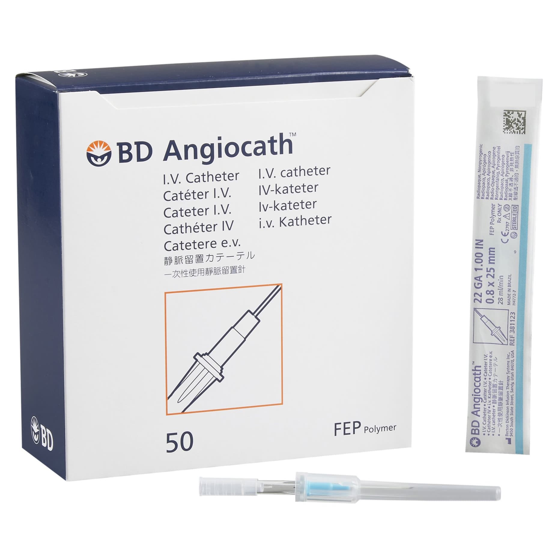 BD Angiocath Peripheral IV Catheter, Stright Hub, Blue, 22 Gauge, 1 Inch - Case of 200 - Image 1