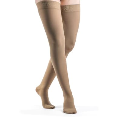 Sigvaris Womens Essential Opaque Thigh-High Compression Stockings 30-40 mmHg, Closed Toe, Small-Short, Suntan - Pair - Image 1