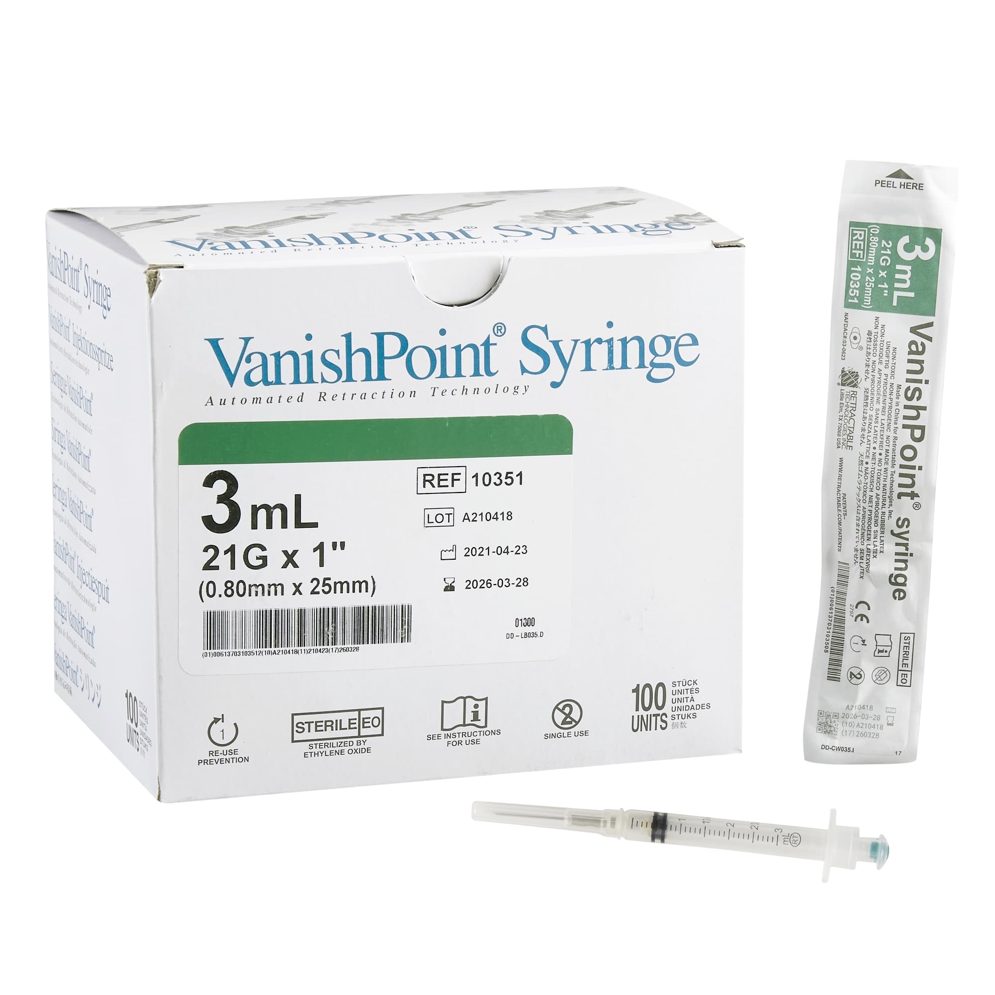 Retractable Vanishpoint Safety Syringe with Hypodermic Needle, 3ml, 21G x 1" - Case of 800 - Image 1