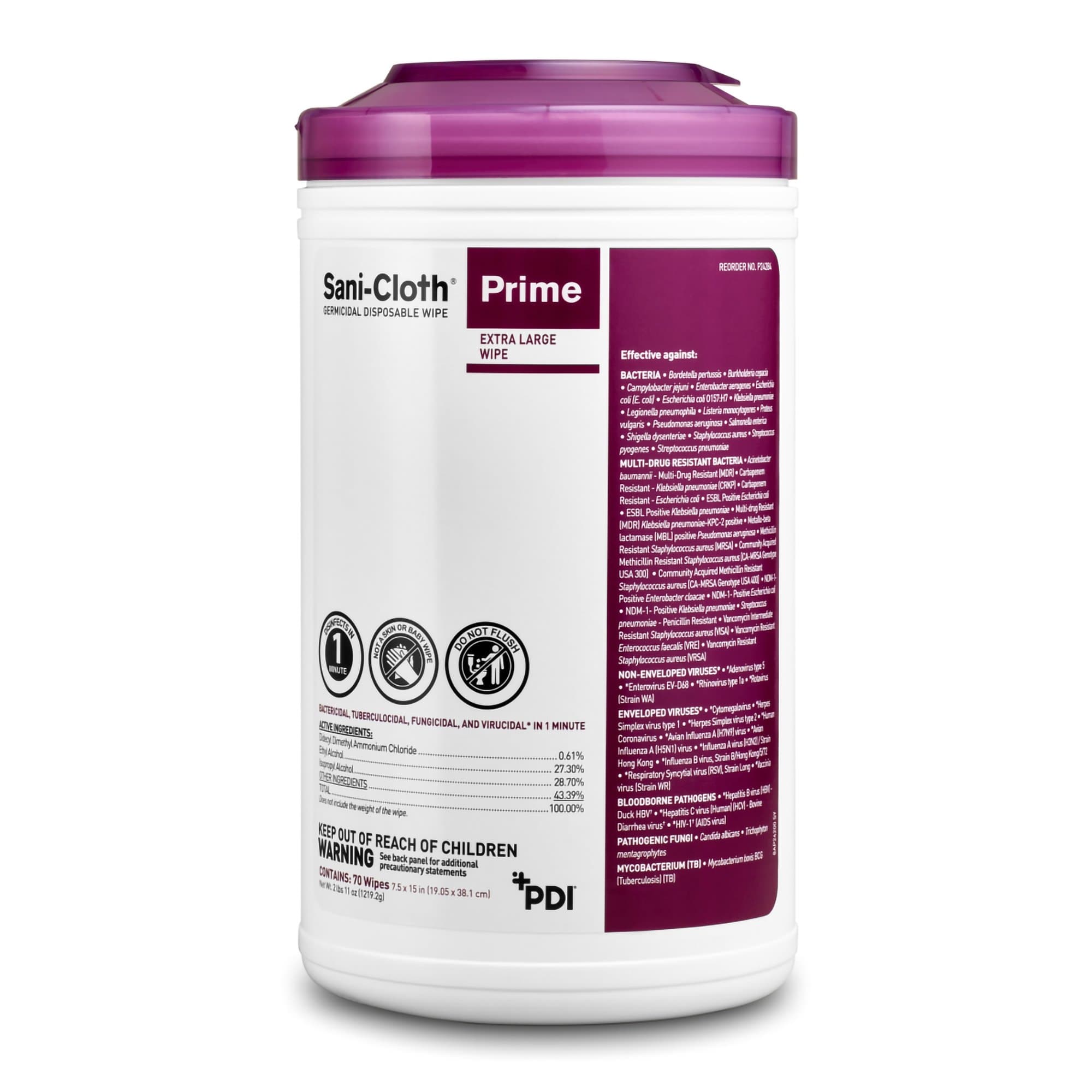 Sani-Cloth Prime Germicidal Disposable Wipes, Canister, Extra Large - Can of 70 - Image 1