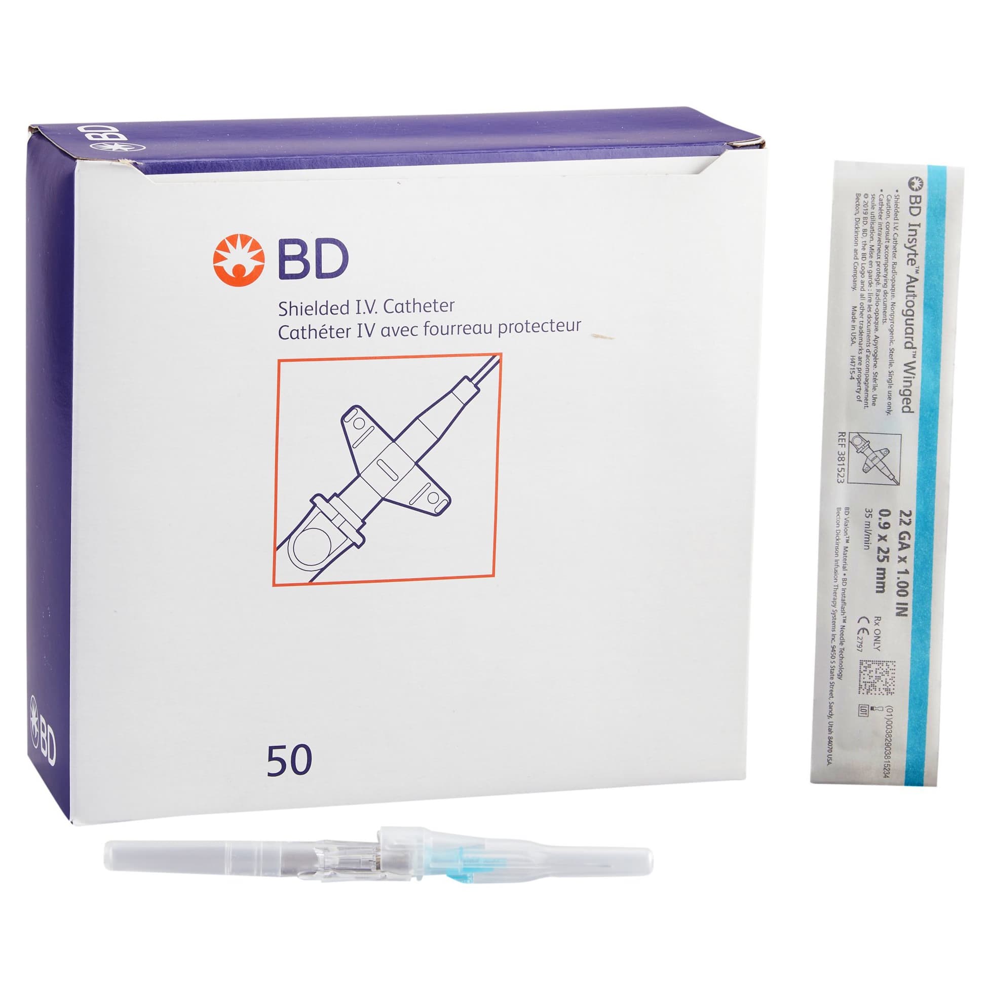 BD Insyte Autoguard Winged Shielded IV Catheters, Blue, 22 Gauge, 1 Inch - Case of 200 - Image 1