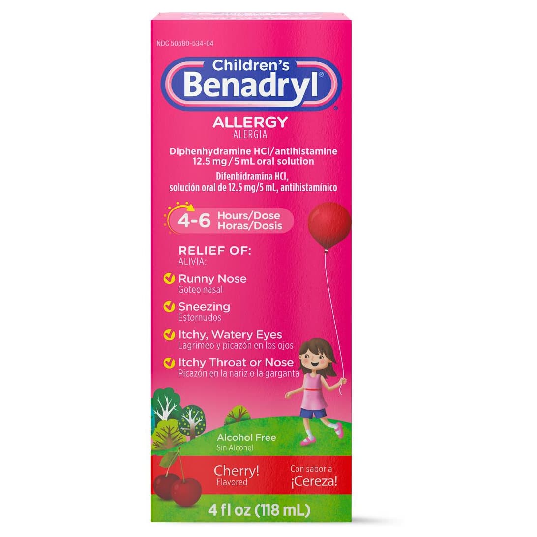 Children's Benadryl Allergy Liquid, Cherry, 12.5 ,mg, 4 oz - Case of 36 - Image 1