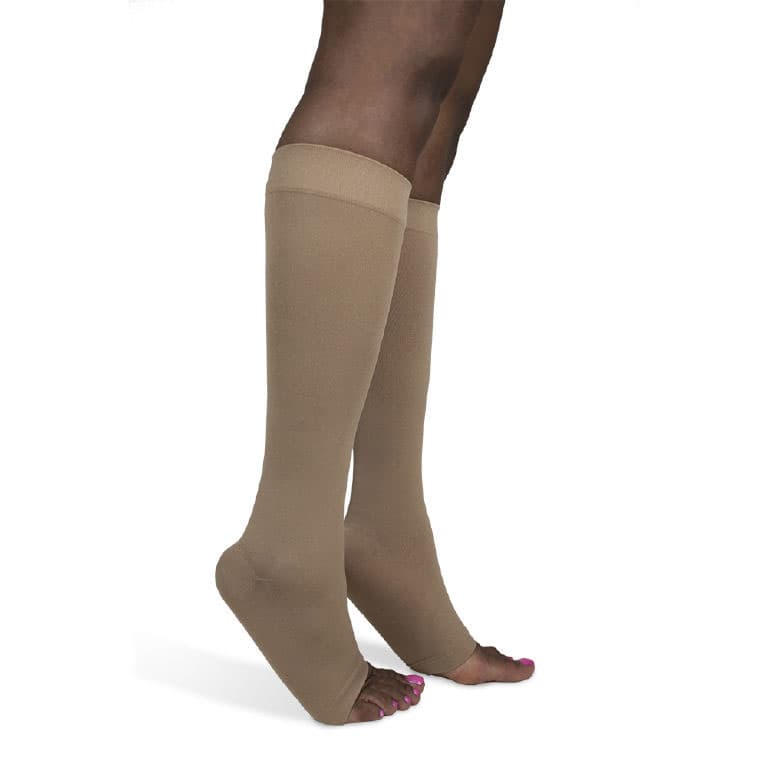Sigvaris Women's Style Soft Opaque Calf-High Compression Socks, 20-30 mmHg, Open Toe, Medium-Long, Nude - Pair - Image 1