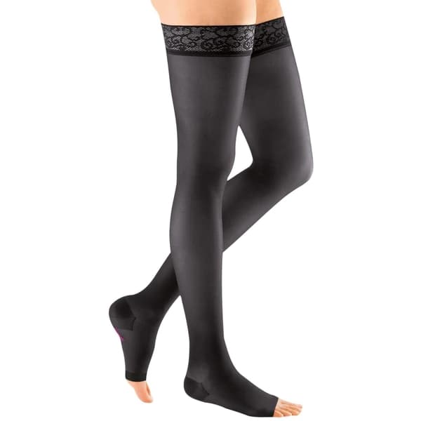 Mediven Sheer & Soft Thigh High 20-30mmHg Compression Stocking with Lace Top Band Standard, Open Toe, Ebony, Size VI - Pair - Image 1