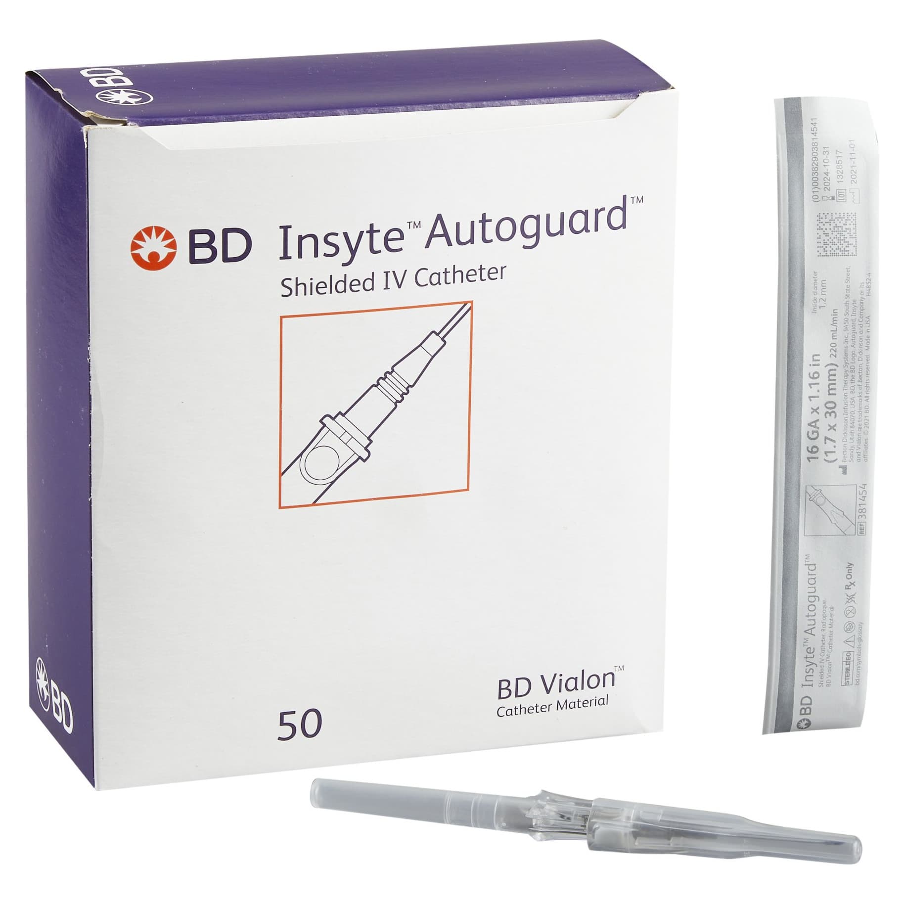 BD Insyte Autoguard Vialon Shielded Peripheral IV Catheter, 16 Gauge, 1.16 Inch - Box of 50 - Image 1