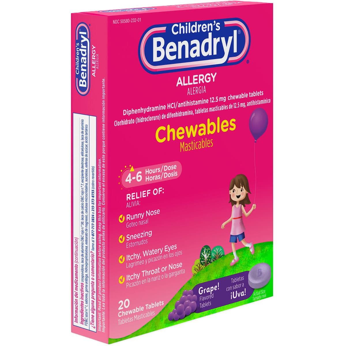 Children's Benadryl Allergy Relief Chewable Tablets, Grape Flavour - Case of 24 - Image 1
