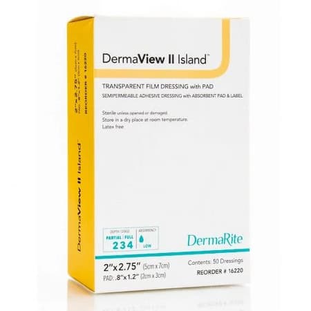 DermaView II Island Transparent Film Dressing with Adhesive Pad and with Label 2 x 2.75 Inch - Box of 50 - Image 1
