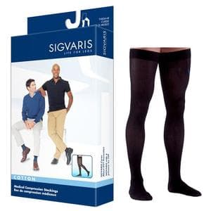 Sigvaris Essential Cotton Men Thigh-High with Grip-Top Compression Stockings 20-30 mmHg, Closed Toe, Large-Short, Black - Pair - Image 1
