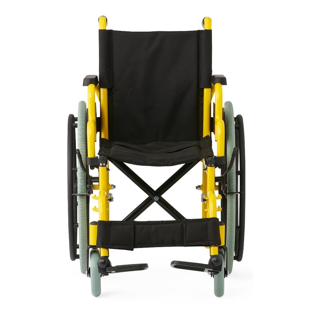 Medline Kidz Standard Pediatric Wheelchair 14"W x 14"D Seat with Desk-Length Arms and Swing-Away Footrests - Yellow Frame - Image 1