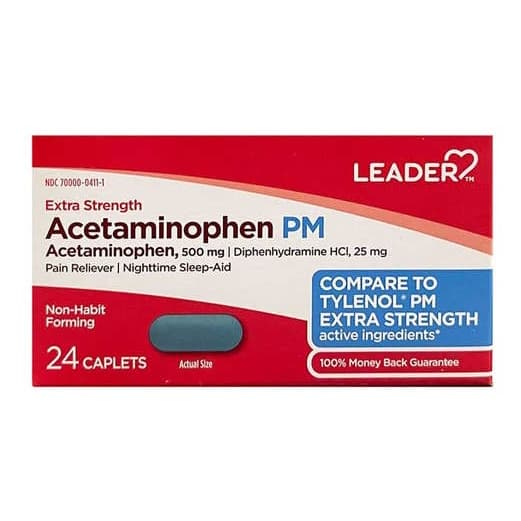 Leader Pain Reliever And Sleep Aid, Extra Strength Caplets - Pack of 24