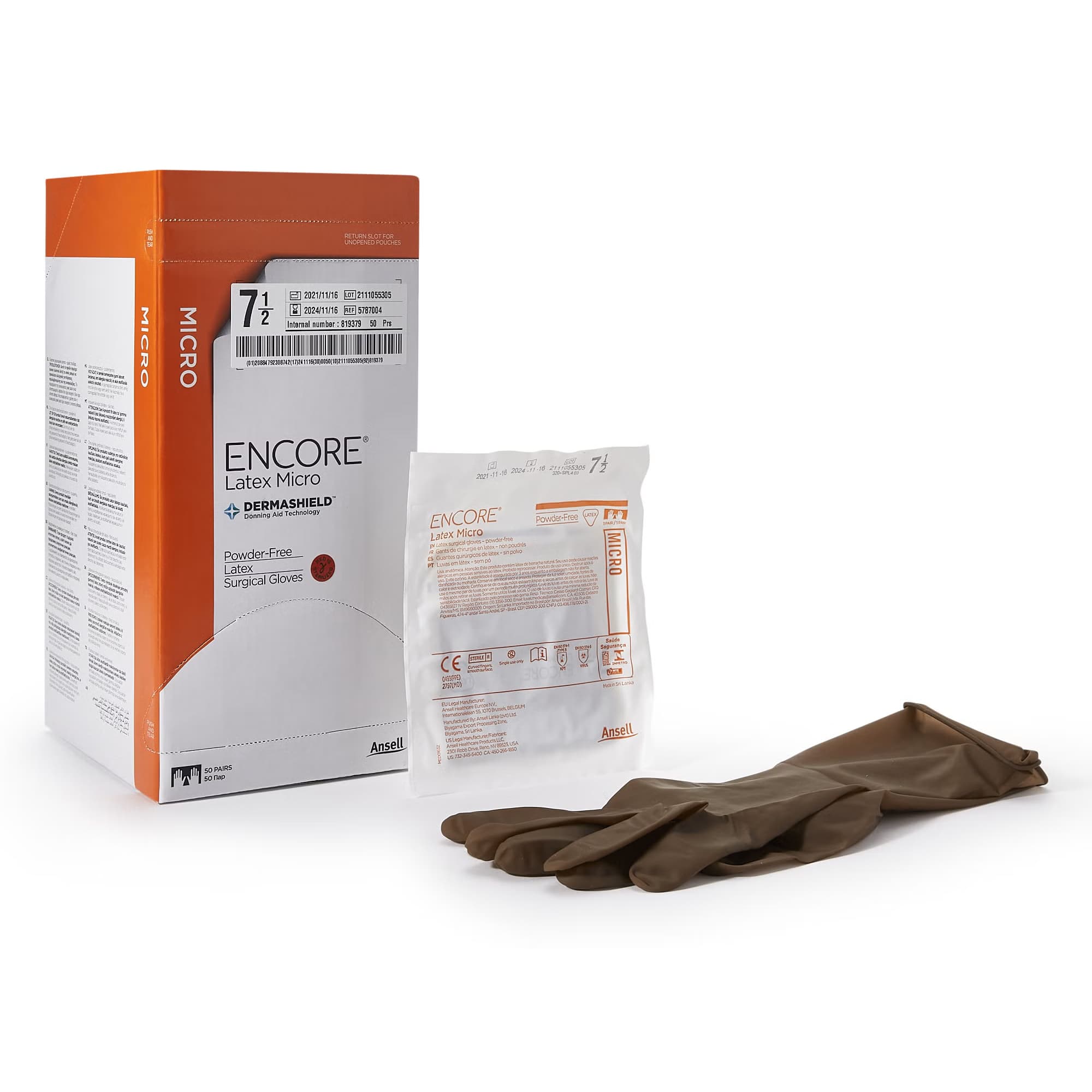 ENCORE Latex Micro Surgical Glove Brown Beaded Cuff Micro, Size 7.5 - Case of 200 - Image 1
