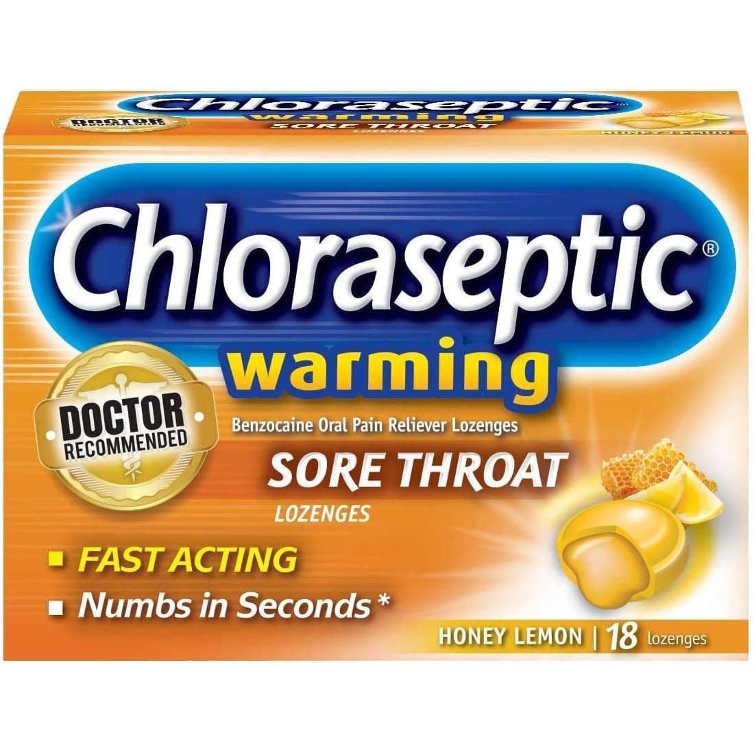 Chloraseptic Sore Throat Lozenges, Warming with Real Honey Honey Lemon - 18 Count - Image 1