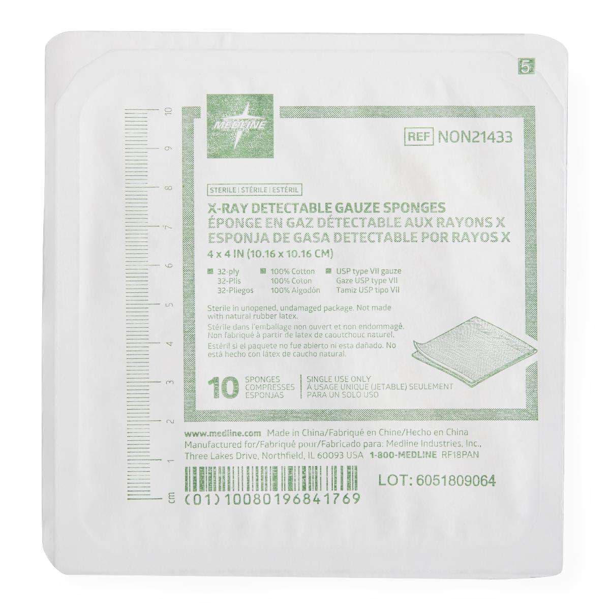 Medline Sterile 100% Cotton X-ray Detectable Gauze Sponges, 32-Ply, 4" x 4" - Case of 48 - Image 1