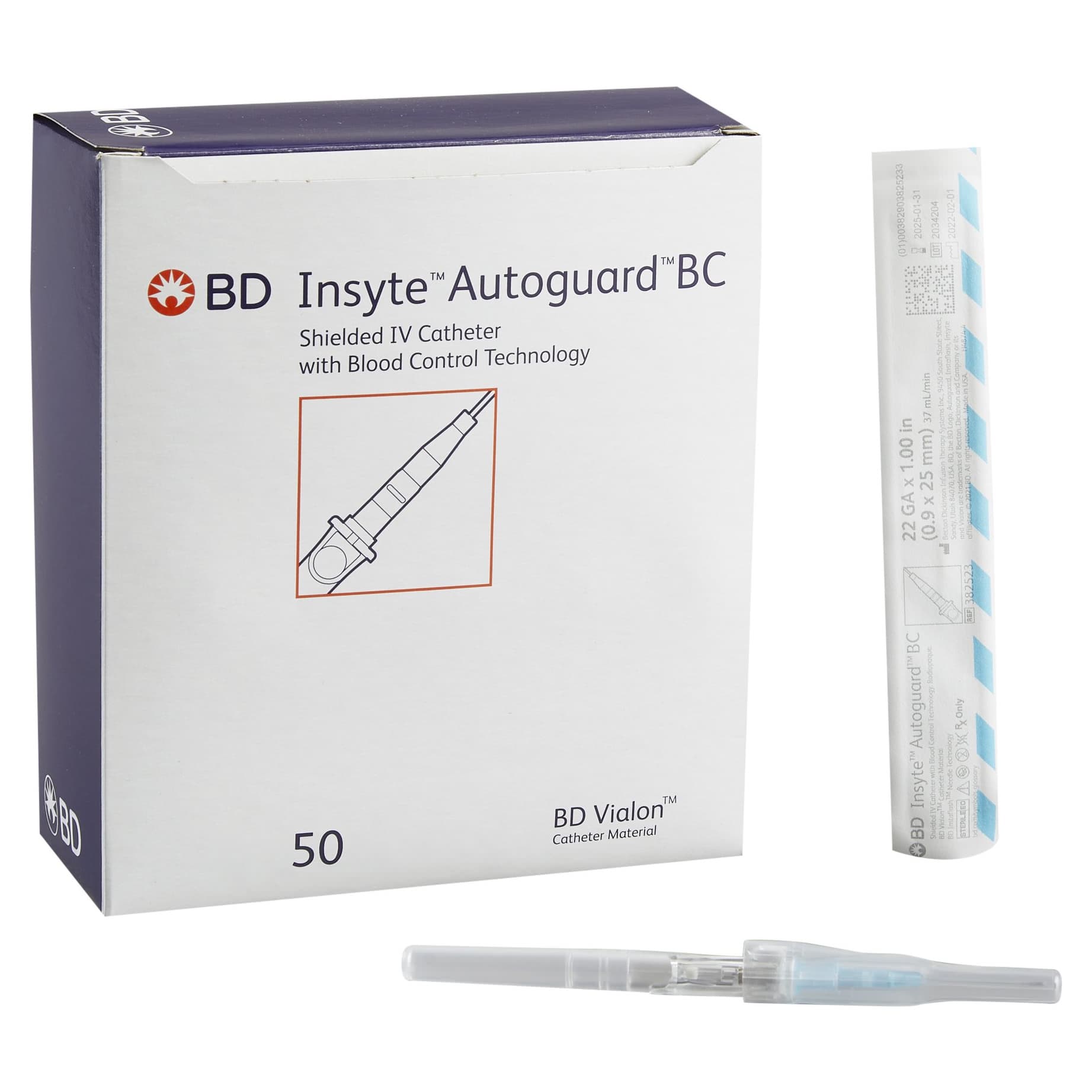 BD Insyte Autoguard Peripheral IV Catheter, Blue, 22 Gauge, 1 Inch - Case of 200 - Image 1