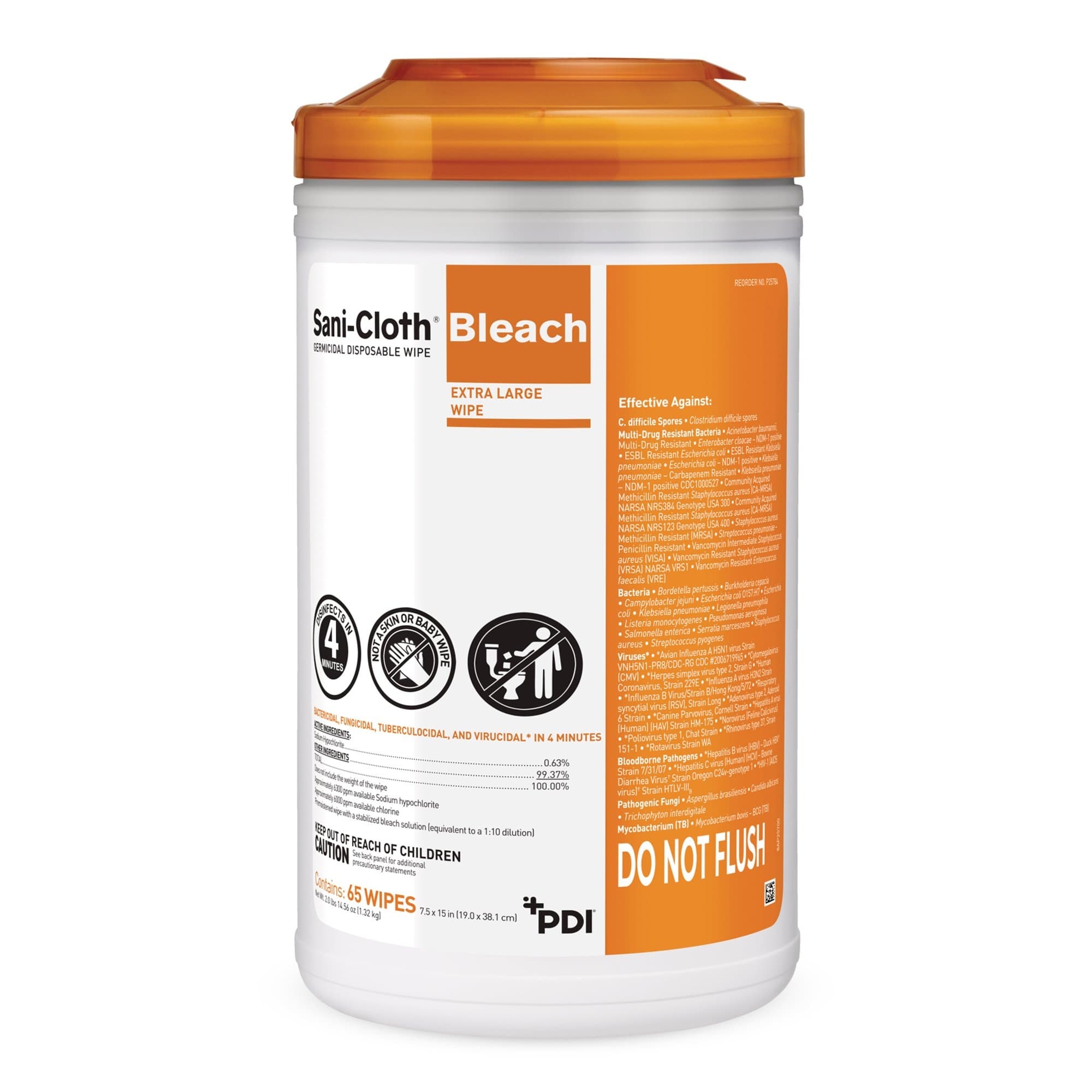 Sani-Cloth Bleach Germicidal Disposable Wipes, Canister, Extra Large - Can of 65 - Image 1