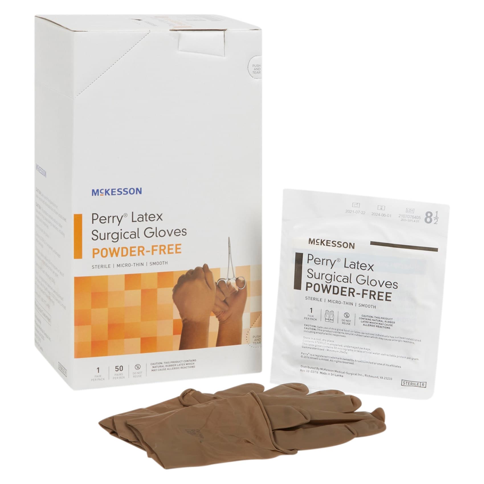 McKesson Perry Latex Powder Free Surgical Glove, Size 8.5, Brown - Box of 100 - Image 1