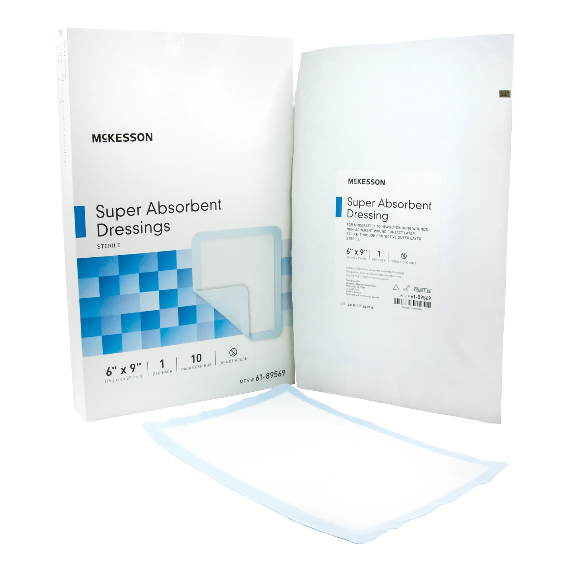 McKesson Super Absorbent Dressing Polypropylene Backing Blue White Rectangle Sterile, 6 x 9 Inch - Box of 10 - Image 1