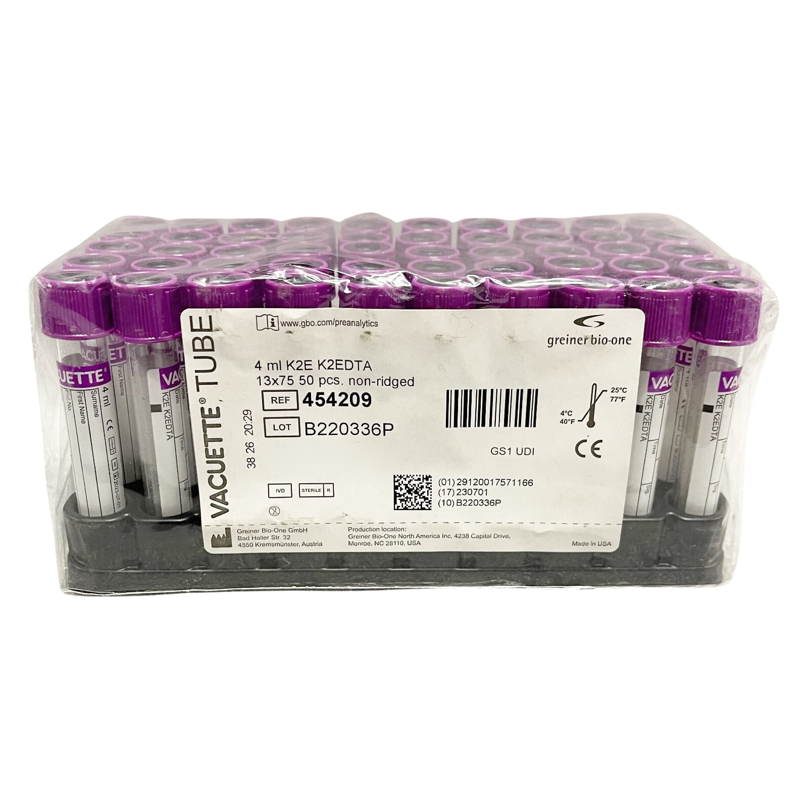 Vacuette K2 EDTA Venous Blood Collection Tubes, Lavender, 4 mL - Package of 50 - Image 1