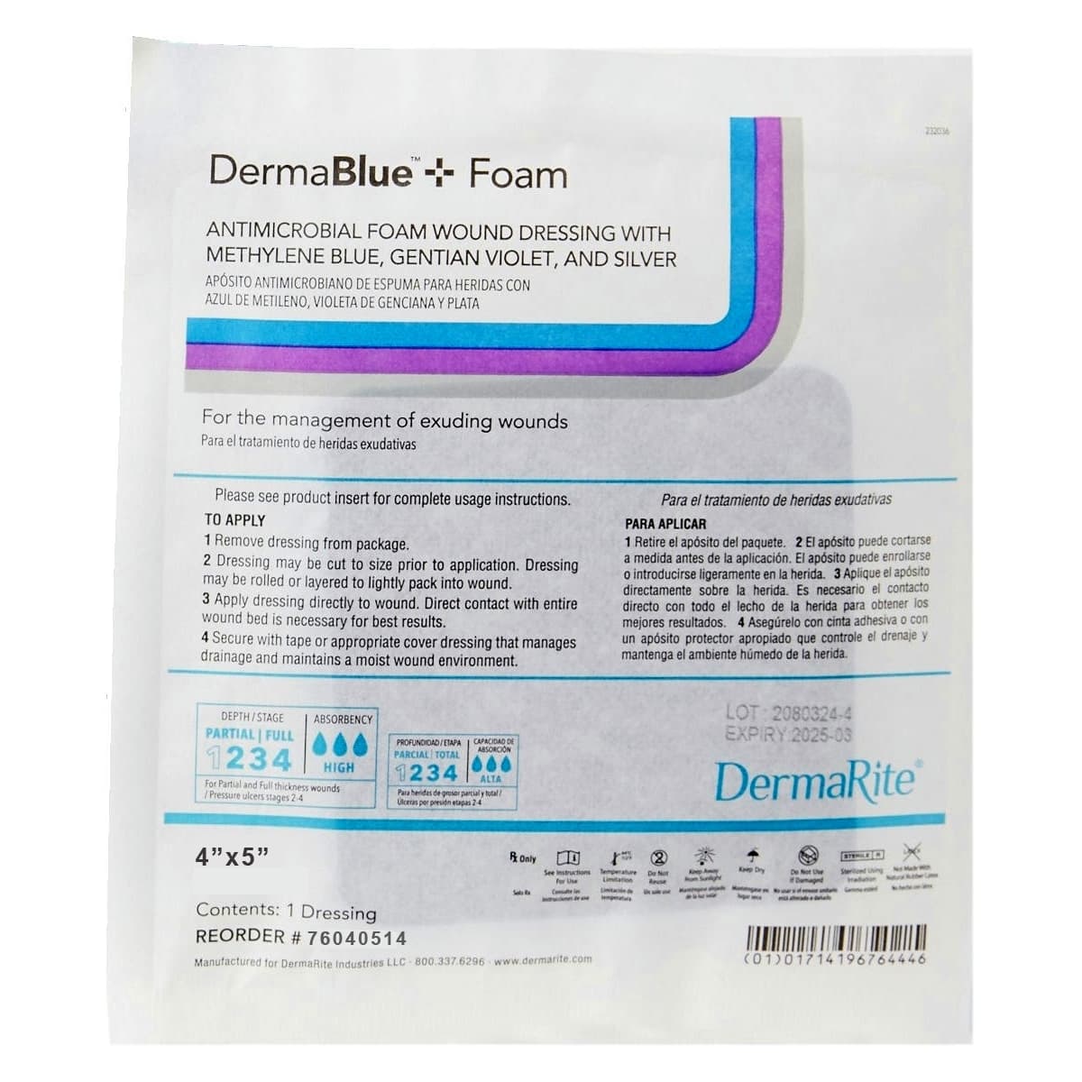 DermaBlue+ Foam Silver Antimicrobial Foam Wound Dressing, 4 x 5 Inch - Each - Image 1