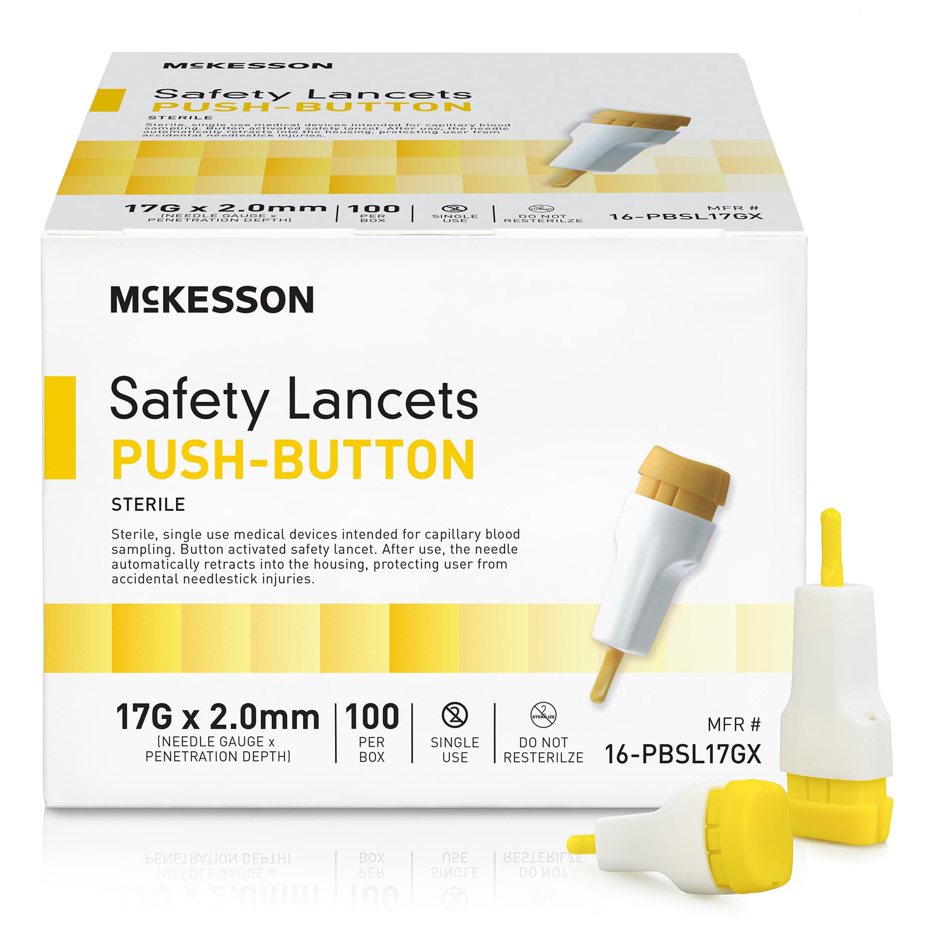 McKesson Brand Safety Lancet with Push Button Activation, Yellow, 17 Gauge - Box of 100 - Image 1