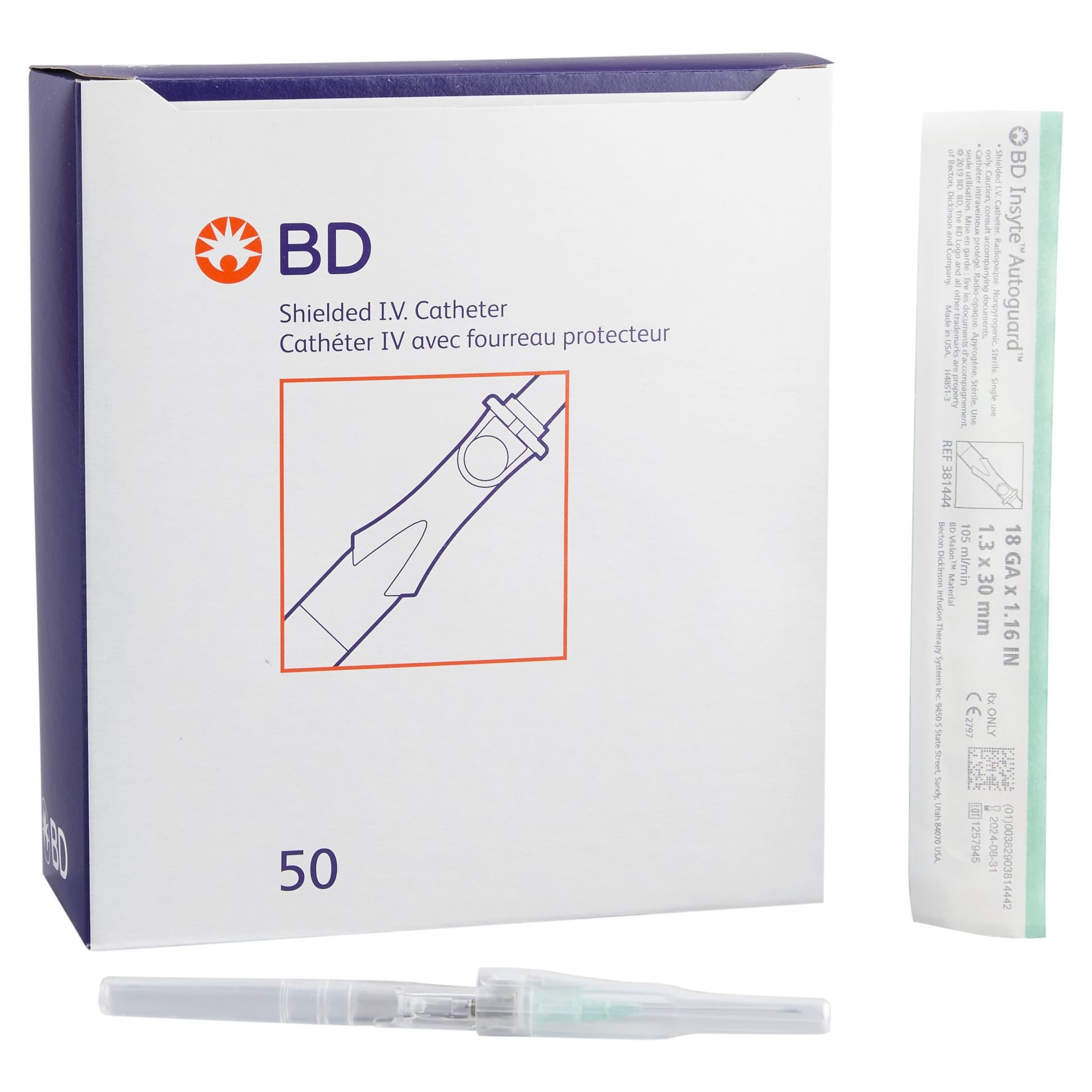 BD Insyte Autoguard Vialon Shielded Peripheral IV Catheter, 18 Gauge, 1.16" - Box of 50 - Image 1