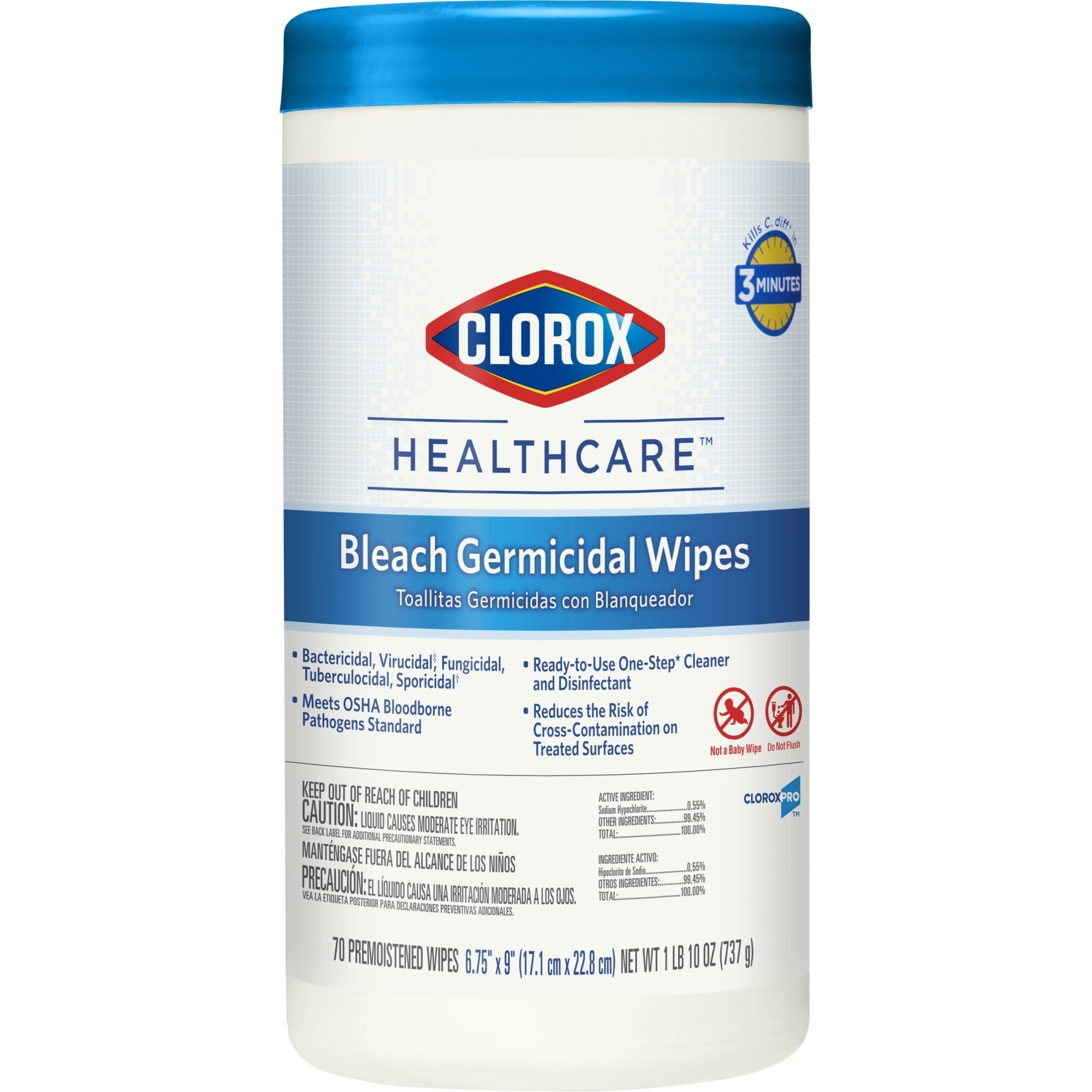 Clorox Healthcare Bleach Germicidal Wipes, Canister - Box of 70 - Image 1