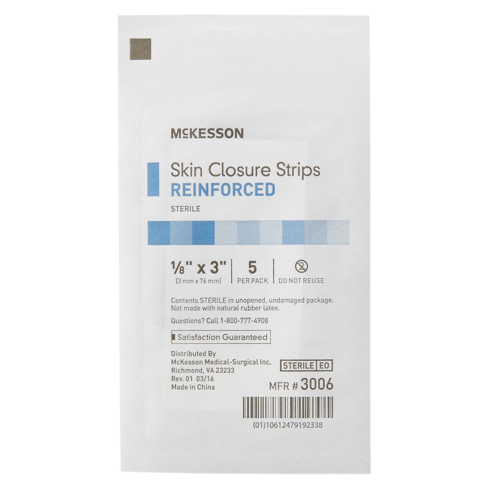 McKesson Skin Closure Strip Sterile, White, Reinforced Strip, 1/8 x 3 Inch - Package of 5 - Image 1