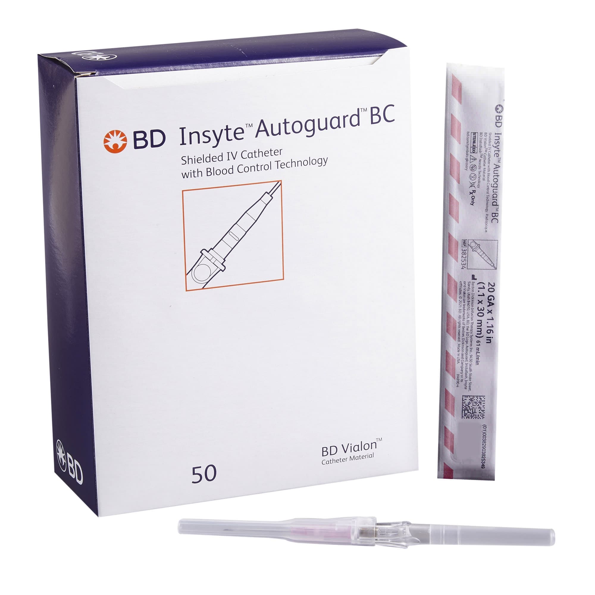 BD Insyte Autoguard Peripheral IV Catheter, Pink, 20 Gauge, 1.16 Inch - Each - Image 1