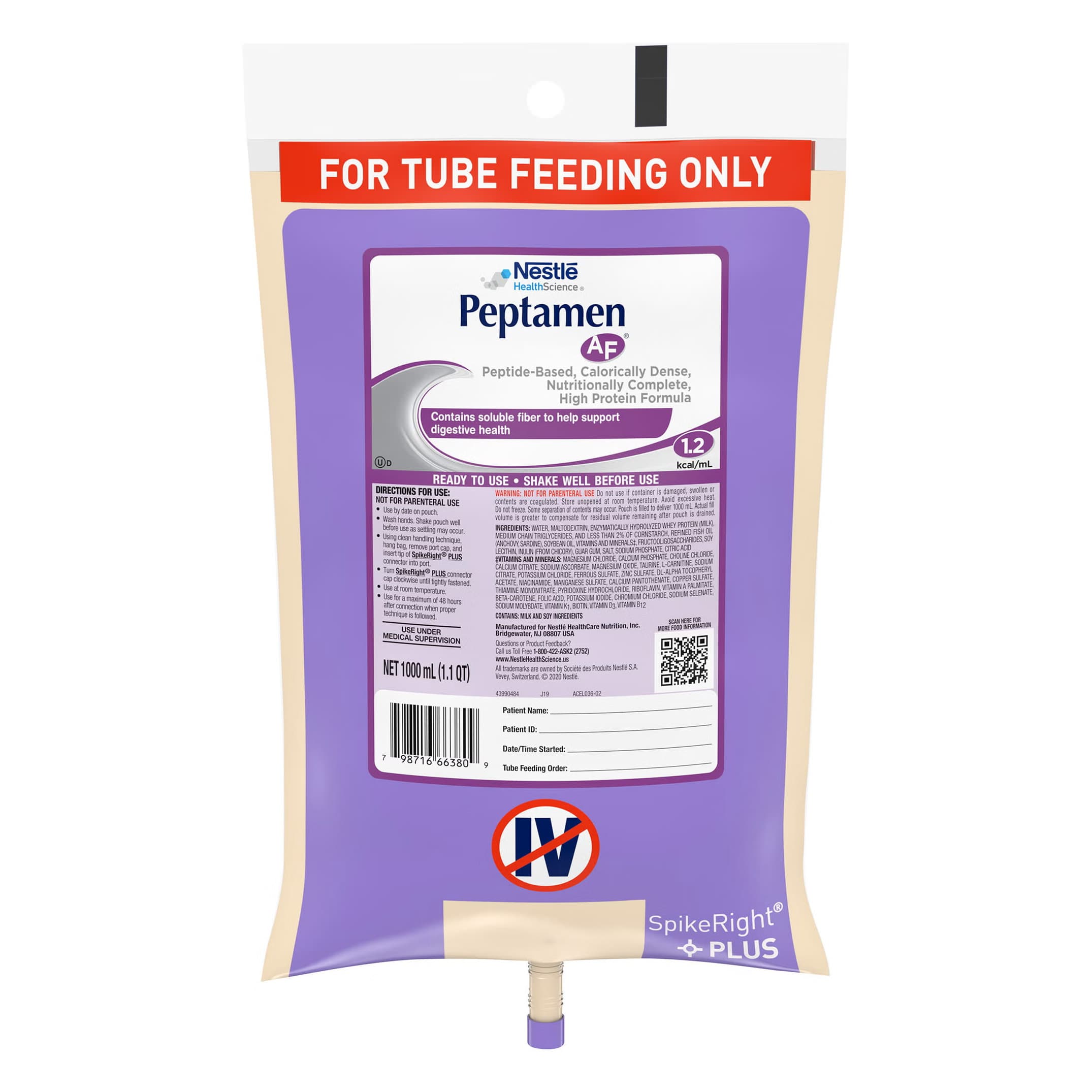 Peptamen AF 1.2 Kcal Ready to Hang Tube Feeding Formula, 33.8 oz - Case of 6 - Image 1