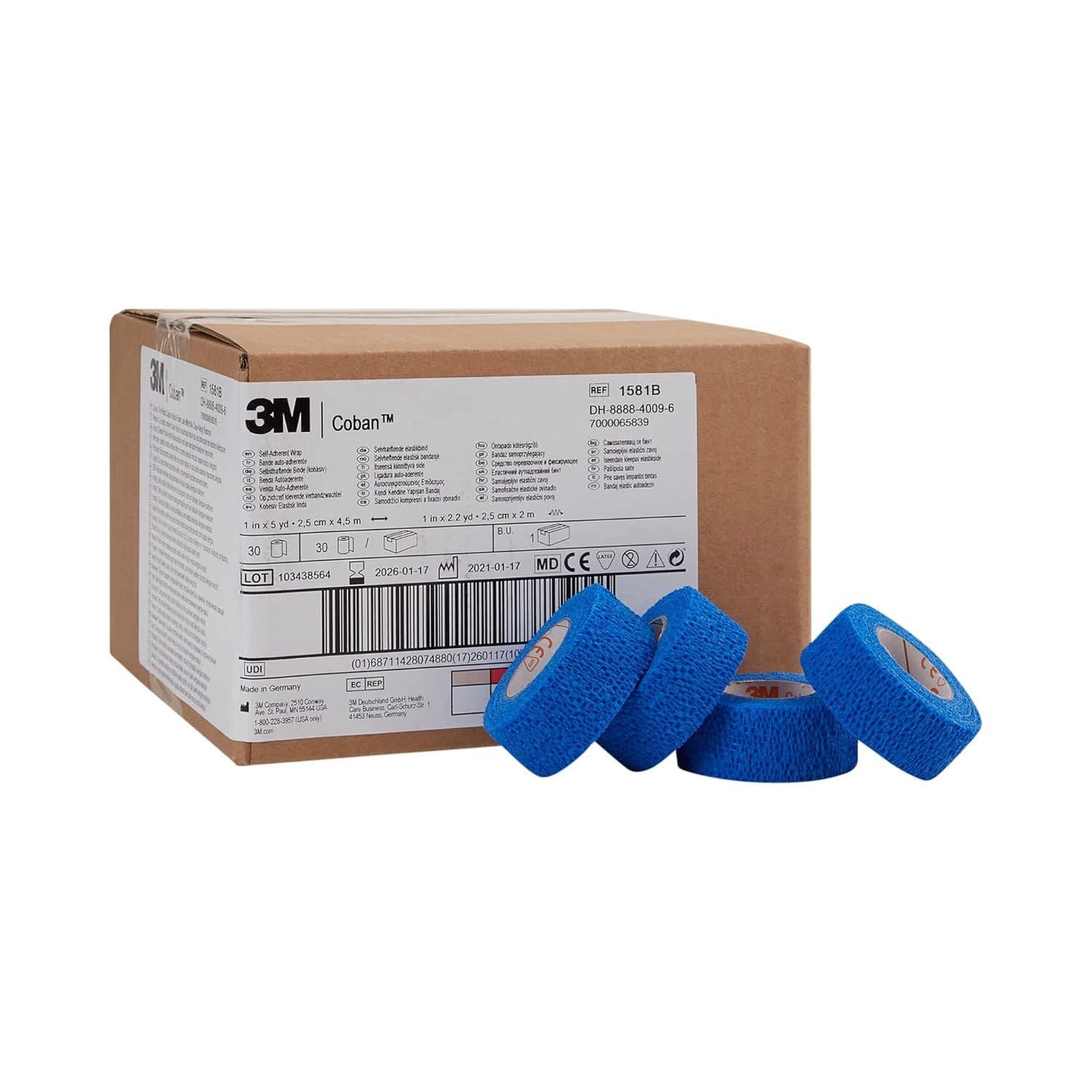 3M Coban Standard Compression Self-Adherent Wrap, NonSterile, Blue, 1 Inch x 5 Yard - Case of 30 - Image 1