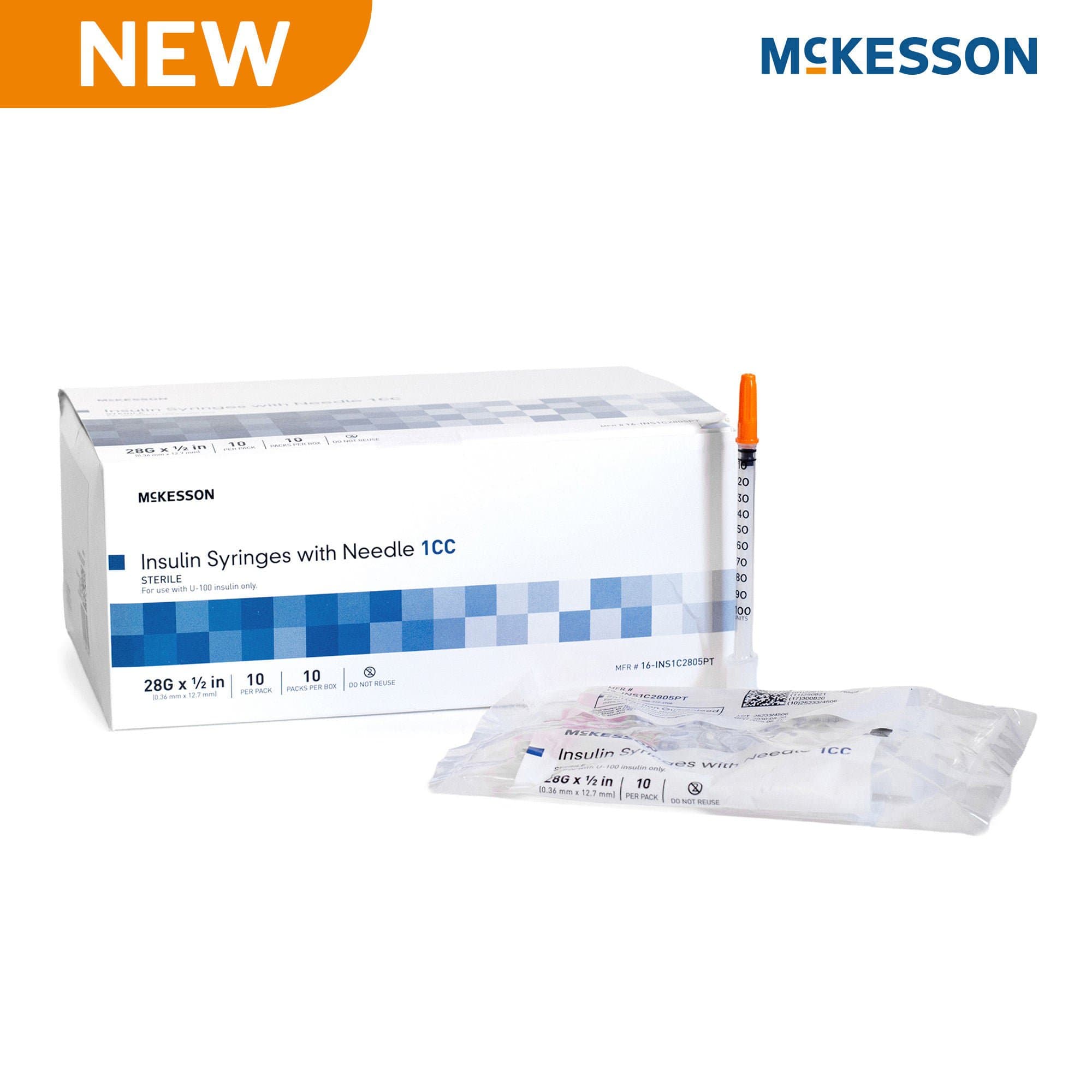 McKesson Insulin Syringe with Needle, 1 mL, 28 Gauge, 1/2", Non-Safety - Box of 100 - Image 1