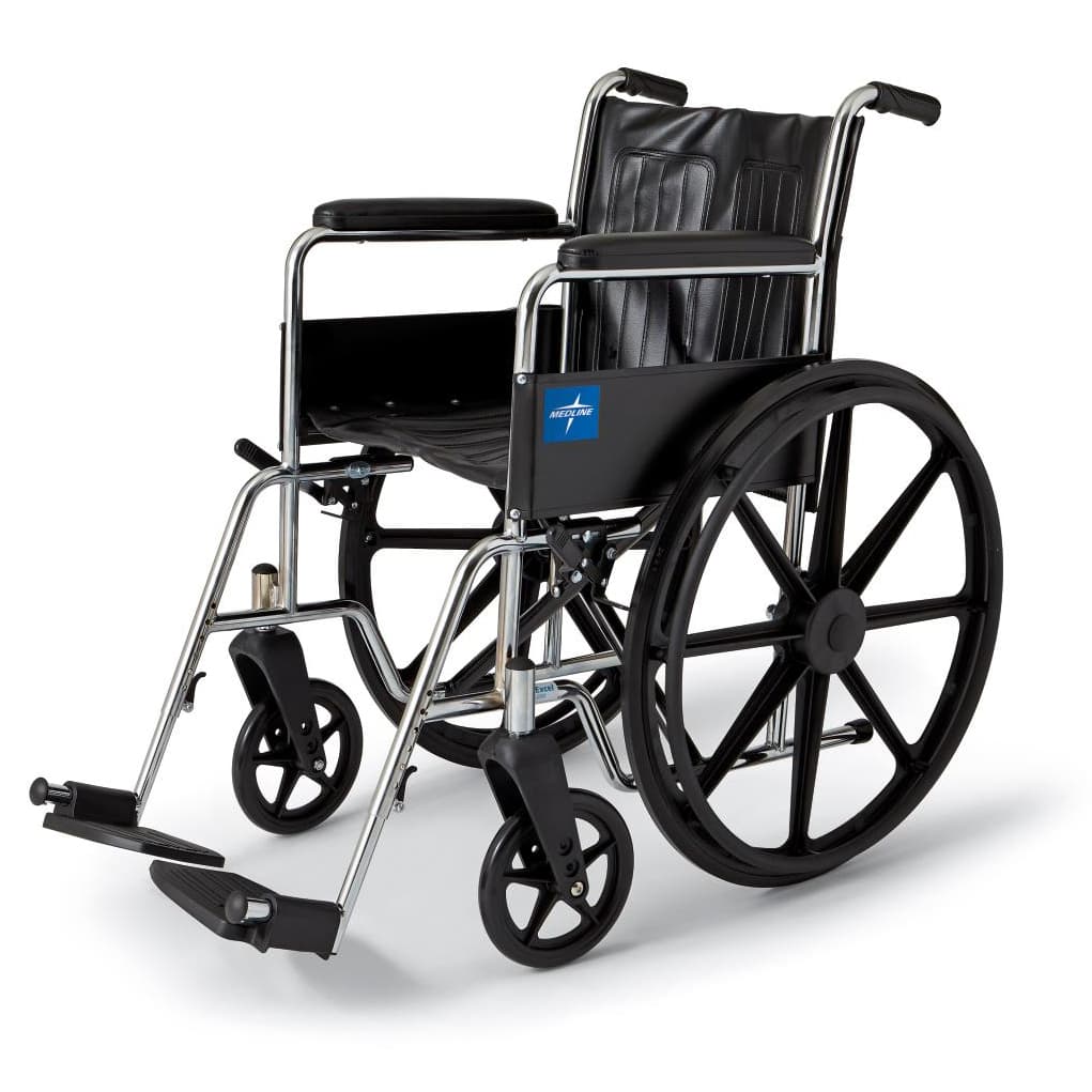 Medline Excel 2000 Standard Wheelchair 18"W x 16"D Seat with Permanent Arms and Fixed Footrests, Black Upholstery - Image 1